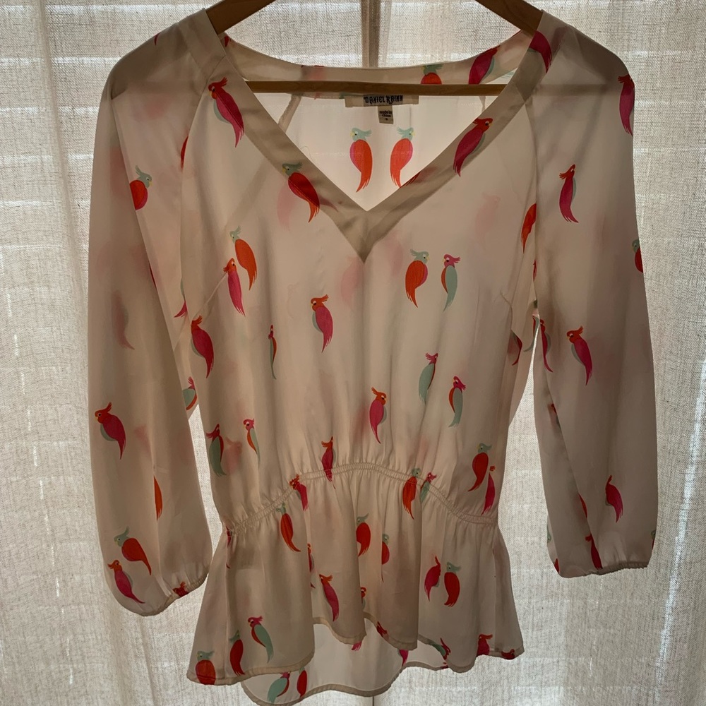 Daniel Rainn Parrot Print Peplum Blouse Size Medium